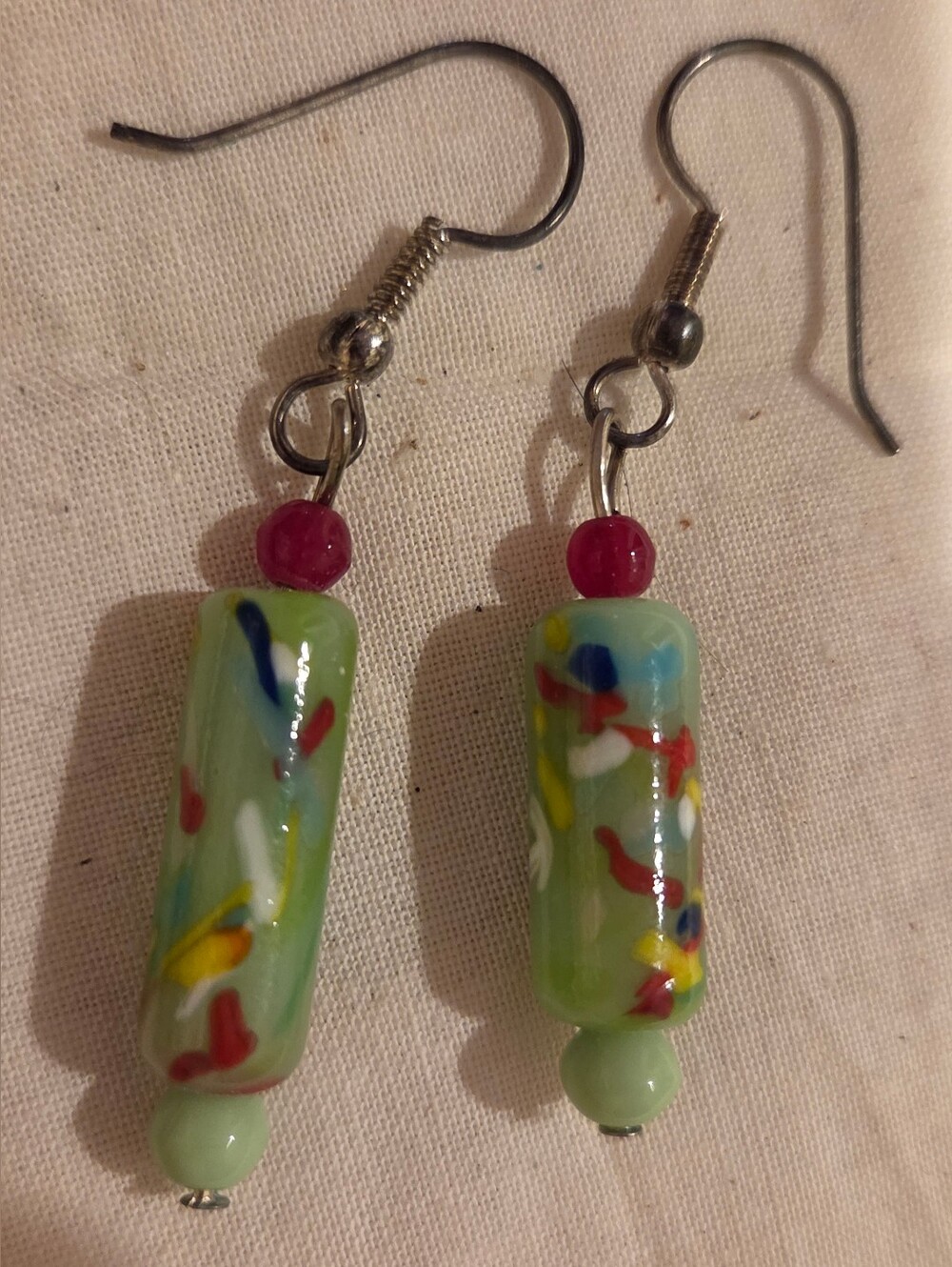 Vintage Handmade Light Green Glass Bead Necklace Pendant with Multicolor Accents